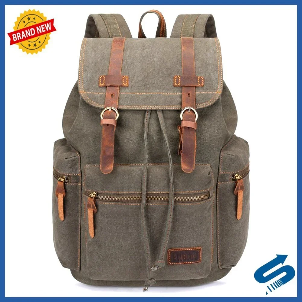 Vintage Canvas Backpack Leather Trim Casual Daypack Laptop Travel Rucksack